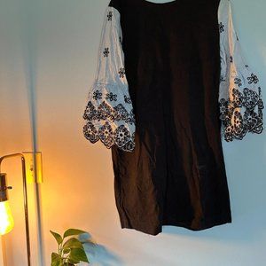 LOFT navy/light blue embroidered bell sleeve dress